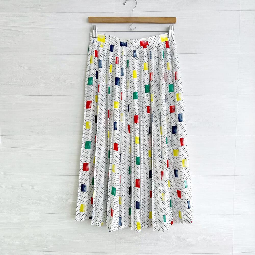 Vintage Marie Clemence Paris France 80s Pleated dot & square print midi skirt, S